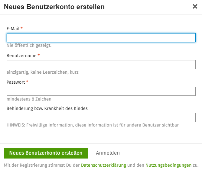 Screenshot Registrierung