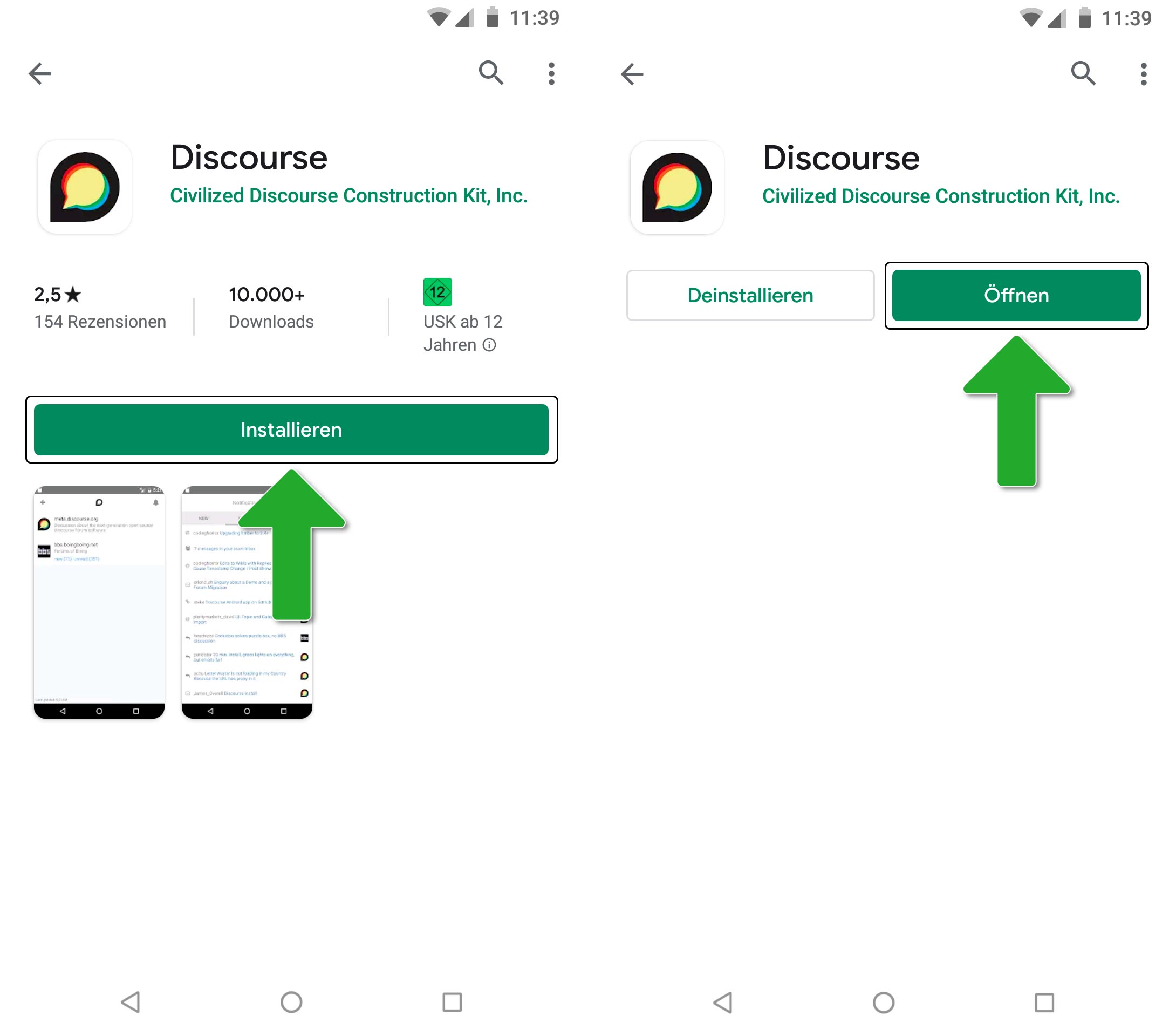 Screenshot App Discourse nach dem herunterladen öffnen